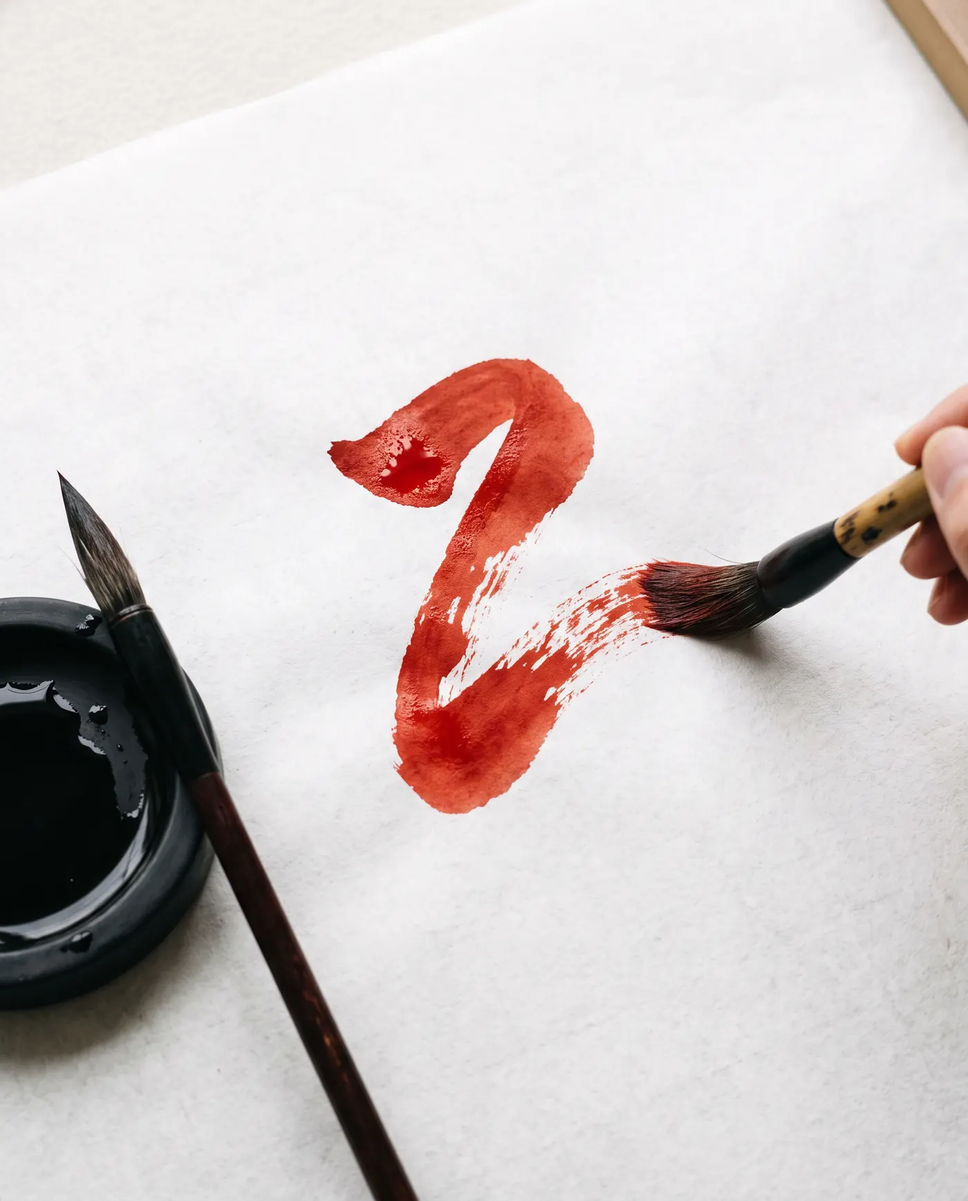A calligraphy brush painting a red stroke